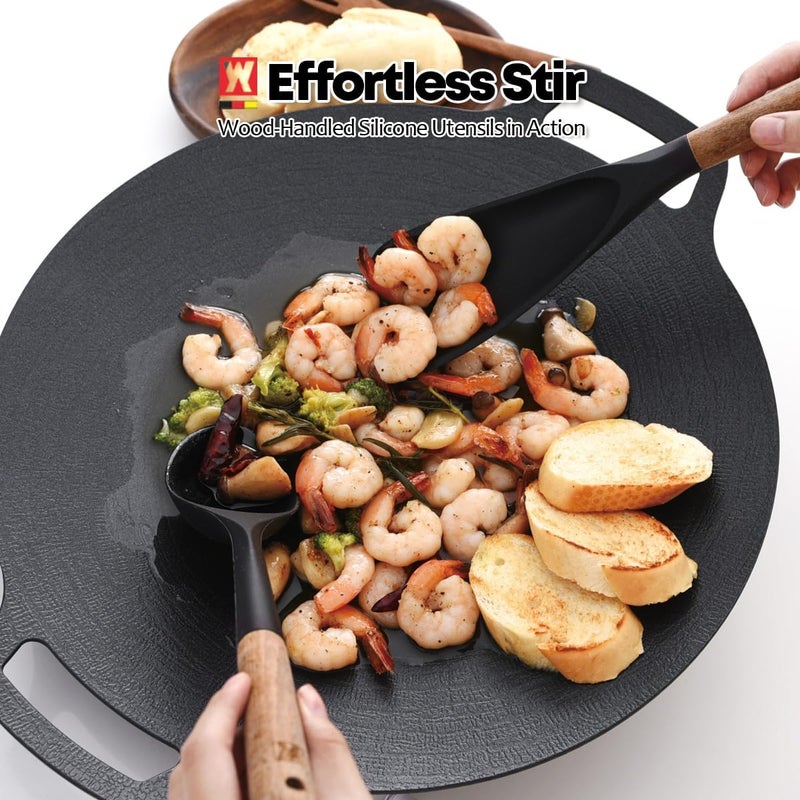 WAGENSTEIGER Silicone Long Head Cooking & Serving Spoon with Wooden Handles: Multi-Functional Design, Silicone Rounded Spatula for Mixing, Scoop, and Scrape, Great for Stir Frying - Image 4